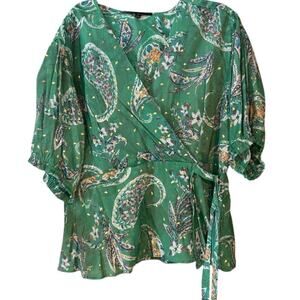 Green Paisley Wrap Blouse Tie-Waist Puff Sleeves Boho Chic Floral Accents